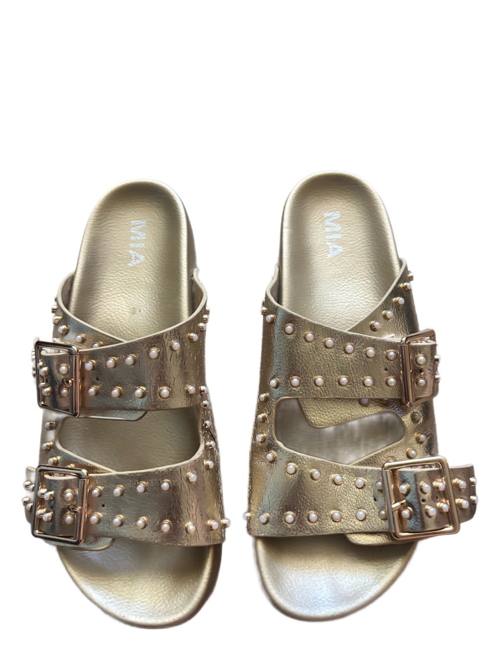 MIA Women's Gold Pearl-Stud Double Buckle Slide Sandals